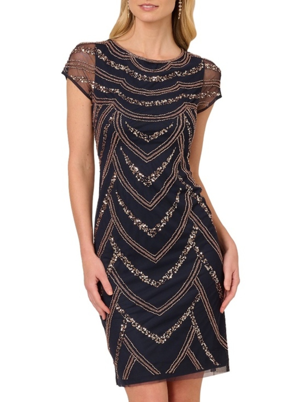 Adrianna Papell. Beaded Cap-Sleeve Sheath Dress.